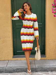 Breezaya French Style Colorblock Wave Design Striped Hollow-Out Knitted Sweater Dress - Multicolor - View 4