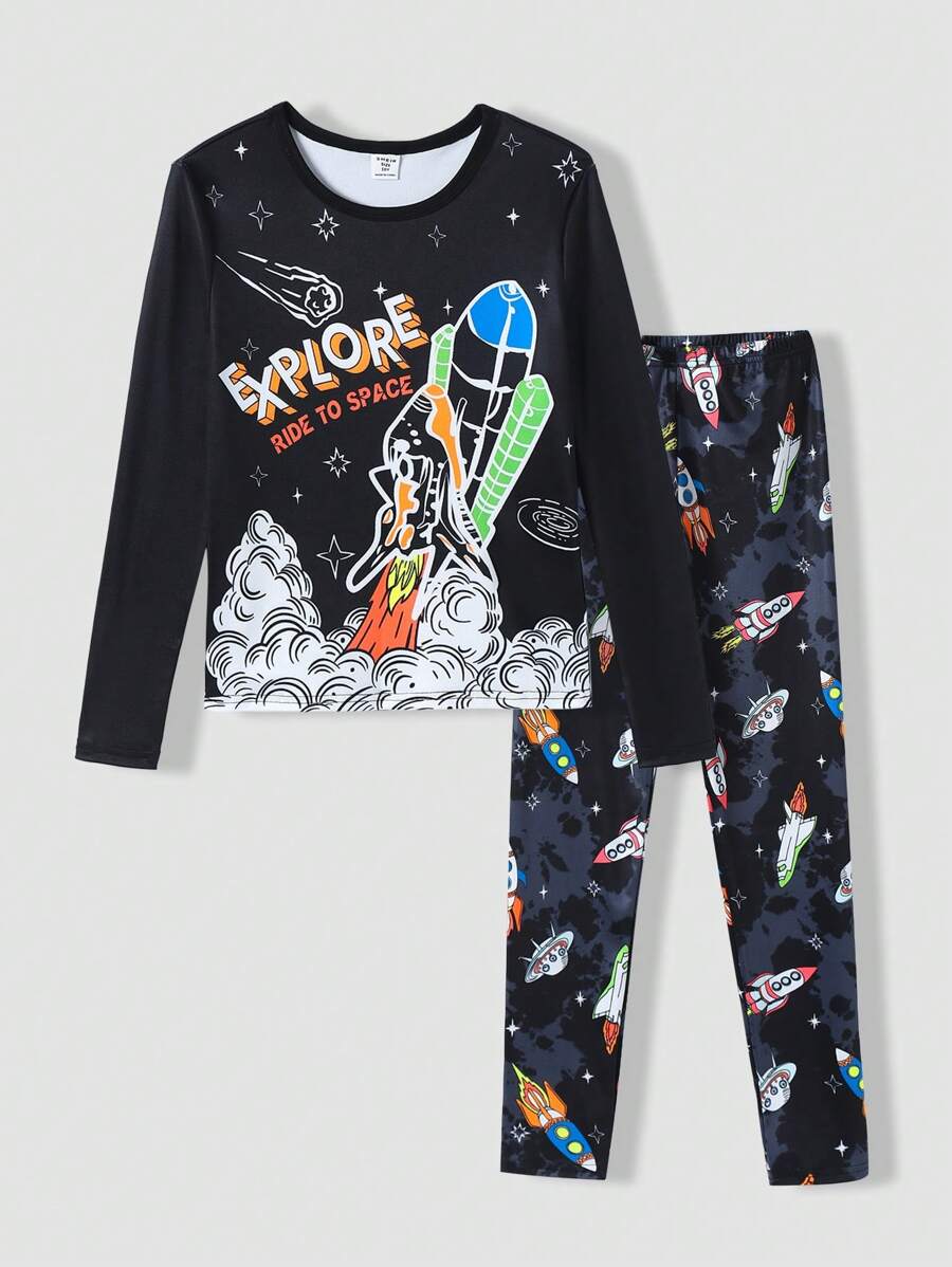 2pcs/Set Teen Boys Rocket & Aerospace Glow In The Dark Print Pants, Skinny Fit Tie Dye Pajamas Set - Black - View 1