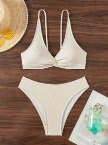 SHEIN Swim Ensemble bikini 2 pièces avec Top à col en V profond et bas torsadés, style de base simple, convient à tous les âges, pour les vacances à la plage en été - Beige - Voir 7