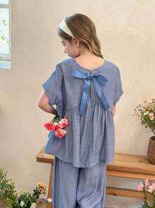 LMoss Kids LMoss Tween Girl Solid Color Woven Pullover Shirt Top And Loose Fit Pants 2 Pieces Set