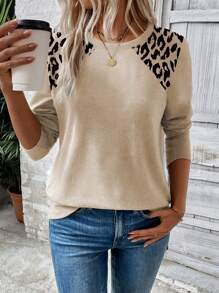 INAWLY Women Leopard Print Symmetric Shoulder Long Sleeve Round Neck T-Shirt Fall Cloth For Women - Multicolor - View 1