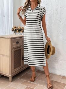 SHEIN LUNE 杏色 & 黑色条纹宽松休闲高领女式长裙 - 杏色 - 查看 1