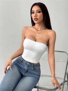 SHEIN PETITE 女款緊身休閒白色抹胸上衣，適合運動（含胸墊），適合嬌小女性 - 白色 - 查看 6