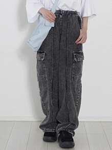 FRIFUL 女士松紧腰口袋简约风格牛仔裤，休闲日常穿着 - 黑色 - 查看 1