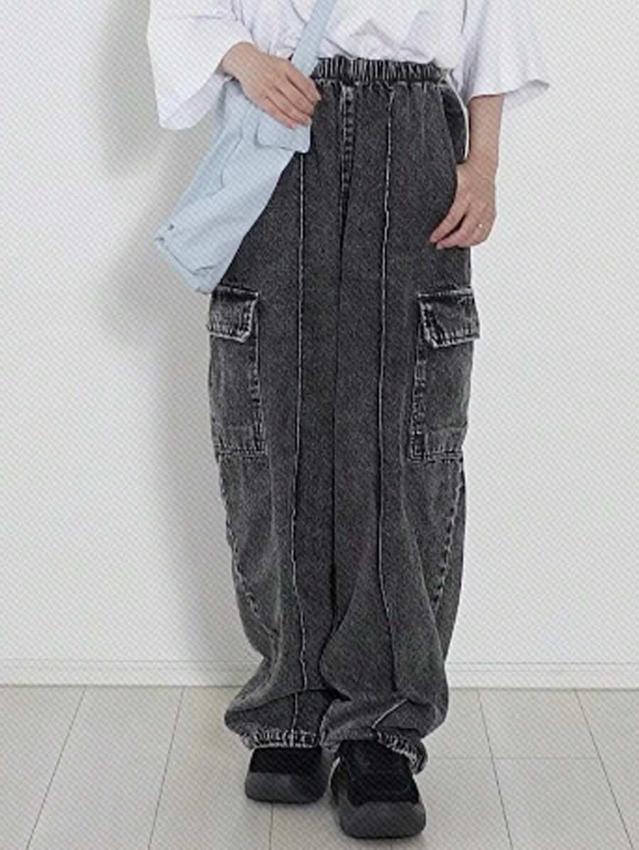 FRIFUL 女士松紧腰口袋简约风格牛仔裤，休闲日常穿着 - 黑色 - 查看 1