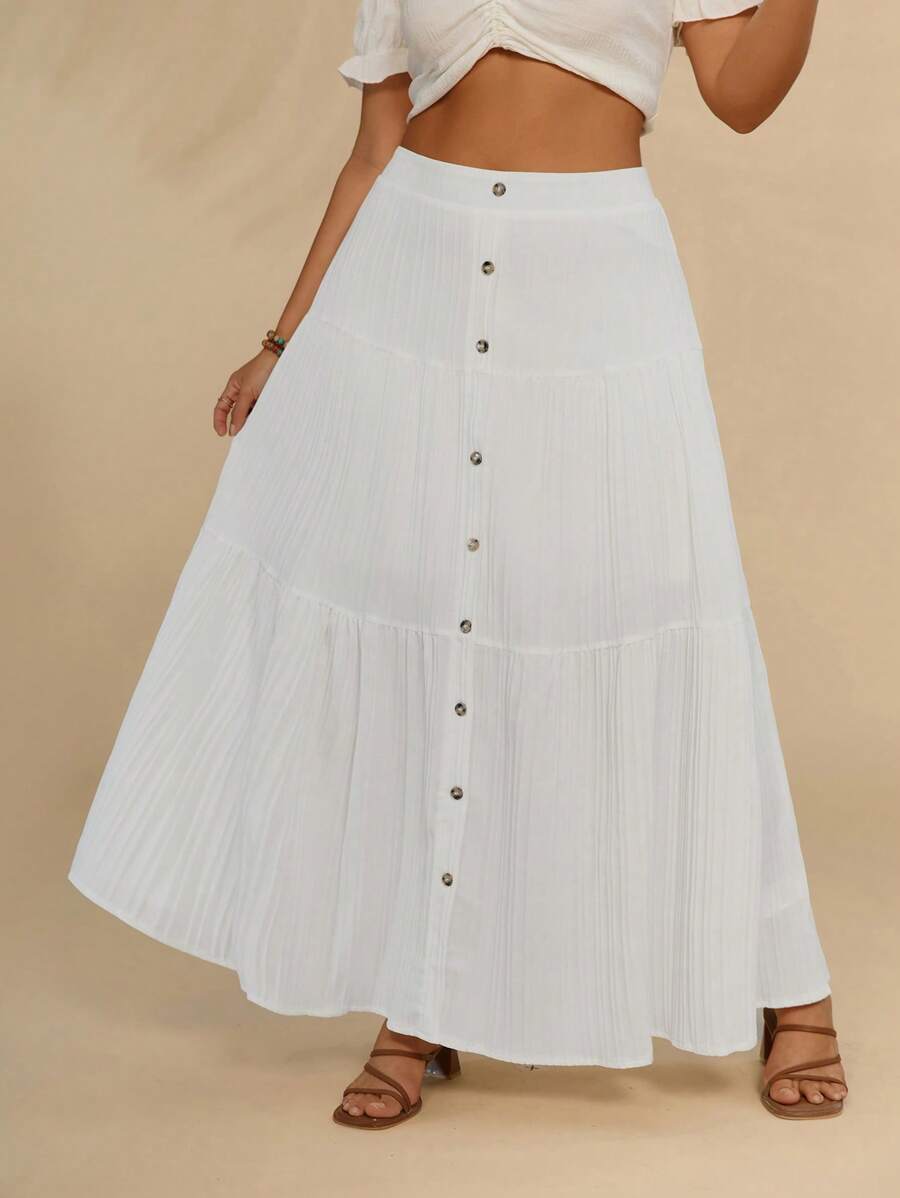 SHEIN VCAY Talla grande Falda con botón delantero bajo con fruncido - Blanco - Ver 1