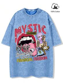 Manfinity EMRG Loose Men Slogan & Angel Print Drop Shoulder Basketball Jersey Style T-Shirt - Blue - View 4