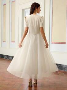 ZEYLAH Women's Rhinestone Decor V-Neck Puff Short Sleeve Elegant Midi Dress