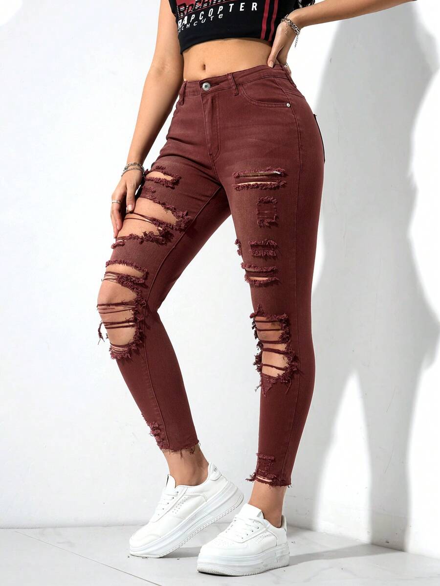 SHEIN EZwear Women's Front Button Pocket Distressed Simple Casual Denim Jeans - Rust Brown - View 1