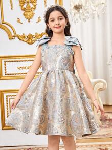 SHEIN 青少年女孩珍珠肩蝴蝶结后背蝴蝶结派对连衣裙，无袖