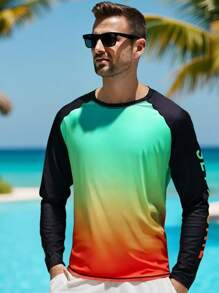 Manfinity Swimmode Men's Letter Print Raglan Long Sleeve Ombre Color Surfing T-Shirt Long Sleeve Men Tops Long Sleeve Shirt,Hawaiian, Swim Shirt Men, Surf Shirt, Long Sleeve Swim Shirt, Men Ombre Shirt