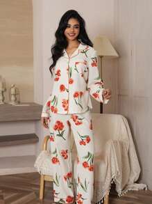 LuxeNights Conjunto de Pijama com Top de Manga Longa com Gola Esporte e Calça, Estampa Floral com Textura de Bolha, Roupas de Outono e Inverno - Multicolorido - Visão 4
