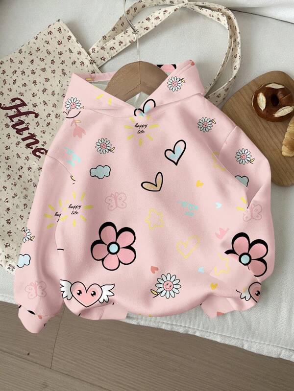 SHEIN Lässiger Kapuzenpullover mit lockerer Passform für Kleine Mädchen, bequemer Alltagslook