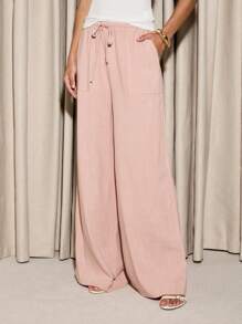 AiiRZ Luxury Linen Wide Leg Palazzo Pants Drawstring Waist Resort Wear Vacation Beach Lounge Flowing Summer Casual Trousers With Pockets - Pink - View 1