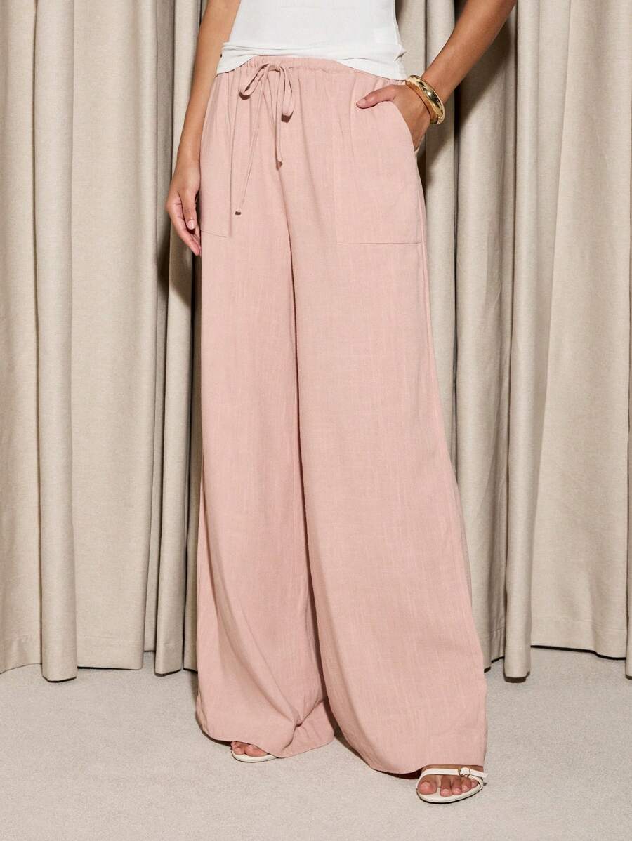 AiiRZ Luxury Linen Wide Leg Palazzo Pants Drawstring Waist Resort Wear Vacation Beach Lounge Flowing Summer Casual Trousers With Pockets - Pink - View 1