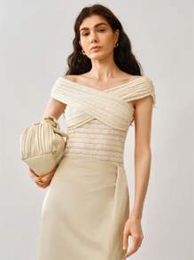 Chiquease Elegant Off-The-Shoulder Top In Slim-Fit Textured Knit Fabric - Apricot - View 6