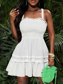 Slaydiva Summer Vacation Fashionable Pleats A-Line Short Dress With Waist - White - View 1