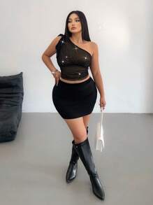 Flirla 女士加大码不对称领口荷叶边单肩亮片网眼衬衫 - 黑色 - 查看 3