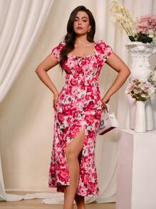 SHEIN VCAY Plus Size Boho Romantic Pink Floral Print Ruffle Hem Split Thigh Dress For Valentine's Day, Summer Outfits For Women, Graphic Outfits Women, Concert Outfit Women, Rave Outfits Festival - Multicolor - View 5