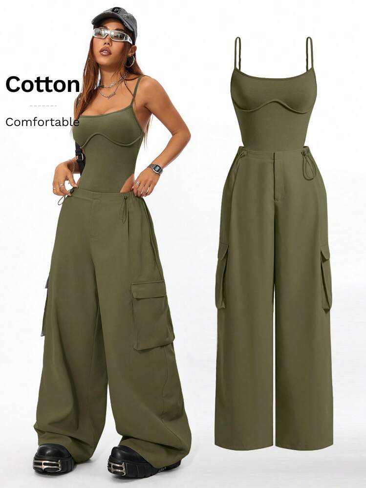 Coolane 2 piezas Conjunto informal de moda para mujer con mono holgado y pantalones de pierna ancha, primavera verano - Verde militar - Añade 1