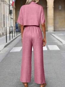 SHEIN LUNE 女士休闲纯色短袖衬衫和裤子两件套 - 中紫紅色 - 查看 2