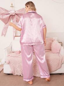 SweetSlumber 条纹翻领缎面大码睡衣套装 - 粉色 - 查看 2