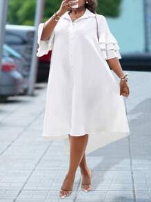 Slaydiva Women Solid Color Simple Casual Beach Short Sleeve Layered Ruffle Sleeve Shirt, Uneven Hem Mid-Length Dress,Graduation Dress - White - View 3