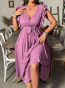 SHEIN Clasi Plus Size Women's Solid Color V-Neck Pleated Outing Party Daily Elegant Spring And Summer Ruffle Sleeve Dress - Red Violet - View 4