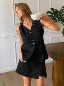 DAZY Elegant Black Summer Office Solid Color Fitted Vest Jacket & Shorts/Skirt 2 Pieces Set For Women,Casual Lounge Short Sets For Women - Black - View 6