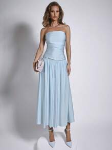 COSMINA Elegant Women's Ruched Blue Mid-Length Tube Top Dress Bandage Dress, Spring/Summer - Blue - View 1