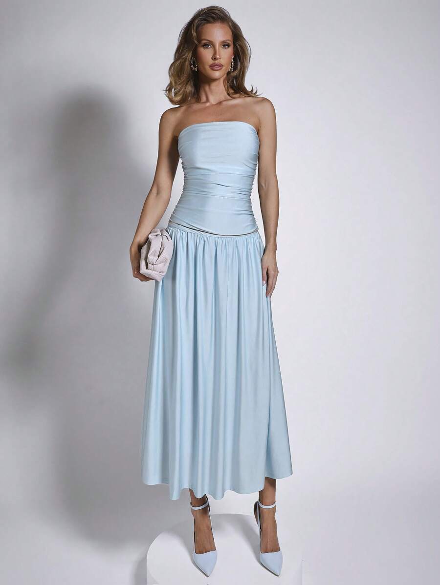 COSMINA Elegant Women's Ruched Blue Mid-Length Tube Top Dress Bandage Dress, Spring/Summer - Blue - View 1