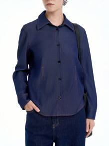 SHEIN Clasi 女式前扣长袖口袋休闲优雅衬衫 - 藍色 - 查看 7