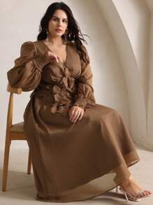 Anewsta Plus Size Women V-Neck Long Sleeve Dress, Featuring 3D Flower Embellishment, Waistband, Luxurious Elegant Party Dress Maxi Women Outfit