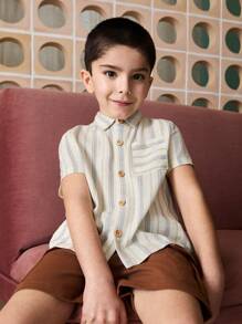 年轻男孩休闲条纹短袖衬衫，乡村风格 - 米色 - 查看 6
