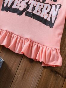 SHEIN Tween Girls Music Festival English Graphic Ruffle Hem Decorated T-Shirt, Fashion & Playful Design For Outdoor Activities And Daily Theme Parties, Spring & Summer