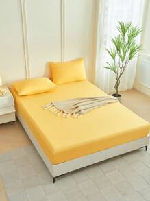 1件纯黄色床笠，床垫保护套，床垫罩，床笠，柔软透气，适用于多种床型——单人床、双人床、大号床、特大号床，深口袋设计，最大可达11.8英寸，家用纺织品 - 黃色 - 查看 6