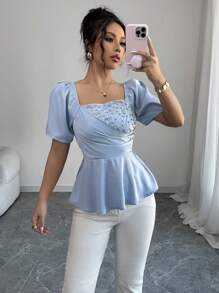 Elenzga Women's Elegant Beaded Detail Puff Sleeve Pleated Ruffle Hem Blouse - Blue - View 6