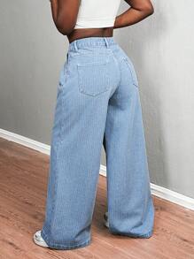 SHEIN Slayr Women's Casual Washed Striped Wide Leg Jeans - Blue - View 2