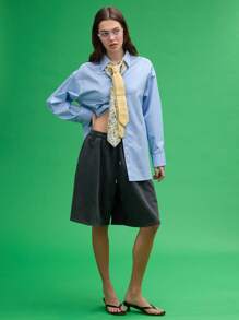 COUREZ 超大款长袖蓝色衬衫，Y2K复古风格，100%纯棉 - 藍色 - 查看 4