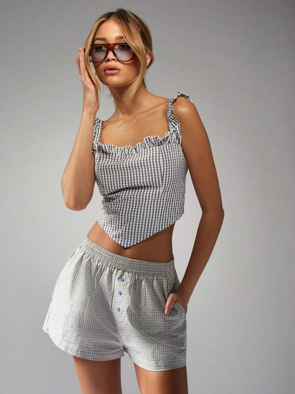 MISSGUIDED Classic Plaid Cotton Boxer Shorts Elastic Waistband Button Fly Comfortable Sleep Lounge Sleepwear Breathable Casual Home Wear Relaxed Fit