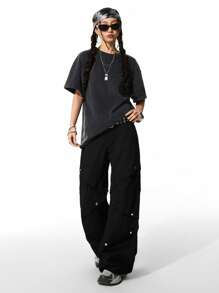 SHEIN Pantalons cargo pour filles préadolescentes, printemps/été Y2K, avec plis latéraux et clous - Noir - Voir 6