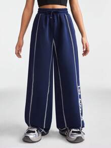 SHEIN Tween Girls Spring/Summer Sportswear Game Day Contrast Piping Graphics Wide Leg Sweatpants - Navy Blue - View 4