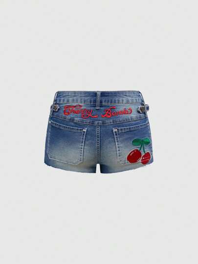 Kawaii Shorts de mezclilla con bordado de cerezas estilo retro americano para mujer