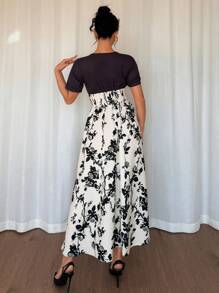 Chiquease Váy chữ A in hoa thanh lịch ôm gọn eo cho nữ - Đen và trắng - Xem 2