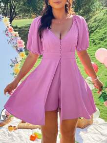 SHEIN Clasi Damen Große Größen Lavendel Kurzarm V-Ausschnitt mit Imitation Rockspalte Knopfleiste Eleganter Frühlings- und Sommer-Jumpsuit - Mauve - Übersicht 4
