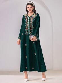 SHEIN Najma 优雅花卉印花保守阿拉伯连衣裙，适合夏季 - 墨綠色 - 查看 4