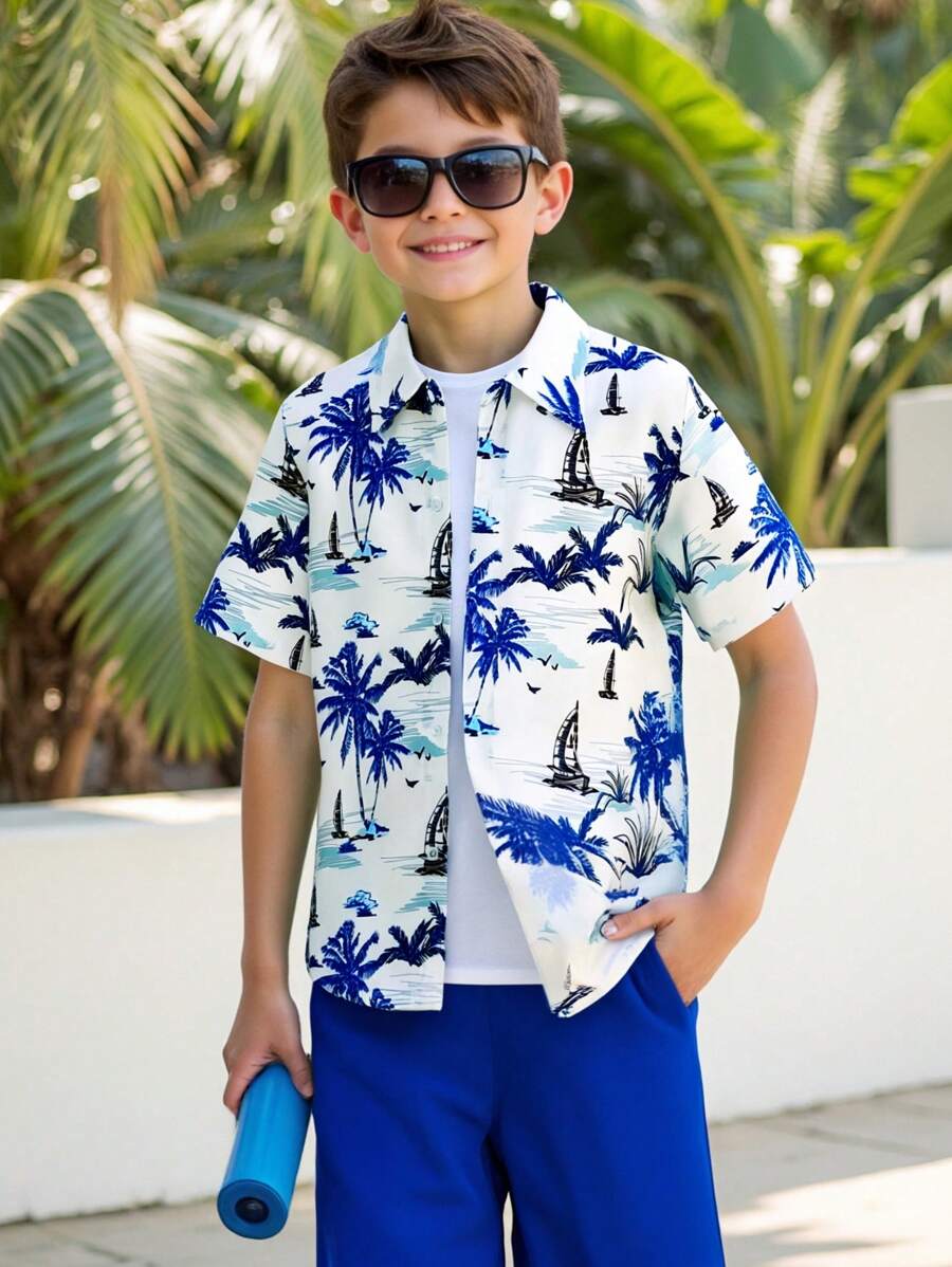SHEIN Tween Boy Casual Fashionable Palm Tree Print Beach Style Shirt & Shorts Set, Spring/Summer, School, Campus, College - White - View 1