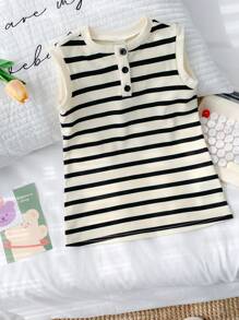 SHEIN Baby Girls Casual Cute Knitted Striped Sleeveless Dress - Black and White - View 8