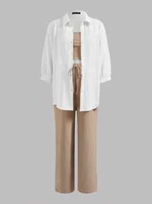 Modmama 孕妇休闲纯色背心和裤子套装 - 白色 - 查看 11