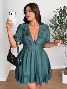 SHEIN Clasi 大码纯色休闲连衣裙，简约时尚，适合日常穿着 - 綠色 - 查看 4